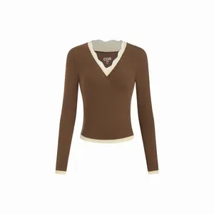 Cider Cotton-blend V-neck Lace Panel Long Sleeve Top