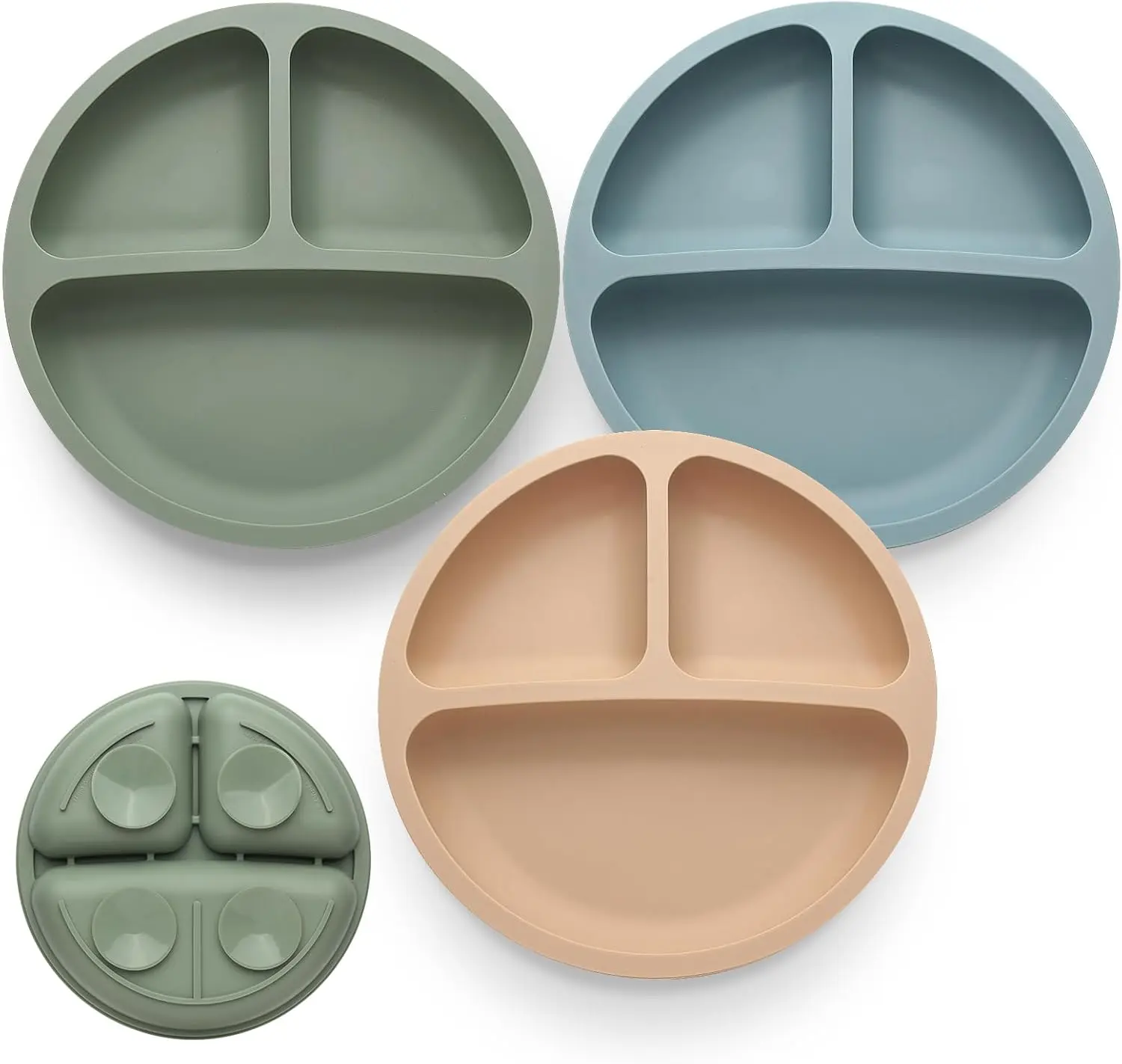 3 Pack, Divided Suction Plates, 100% Food Grade Silicone Plates, Non-Slip, Microwave & Dishwasher Safe