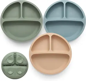 3 Pack, Divided Suction Plates, 100% Food Grade Silicone Plates, Non-Slip, Microwave & Dishwasher Safe