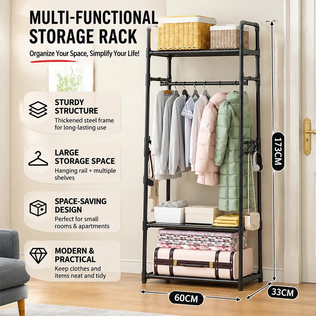 Simple multifunctional bedroom clothes and hat rack storage rack for home use, dorm floor-standing hanging rack, movable clothing storage
