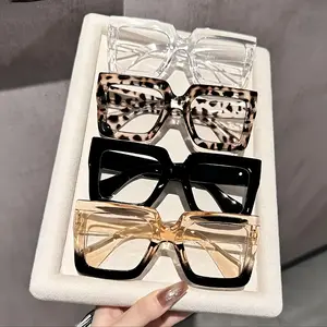 2D Flat, 1pc/ 4pcs Glasses Case with New Trendy Square Large Frame Fashionable Glasses, Comes with Eyeglass Cloth Bag, High-end and , Versatile Street Photography, Decoration, Flat Light Mirror