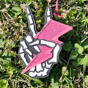 Skeleton Peace Hand With Lightning Bolt Car Freshie.  Hangs From Your Rear View Mirror And Scented.