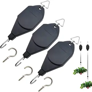 3 count  Pulley Hanger with 3 count Metal Ceiling  Hooks, Retractable  Hook Pulley, Adjustable Heavy Duty   Pulleys for Garden Baskets & Bird Feeder