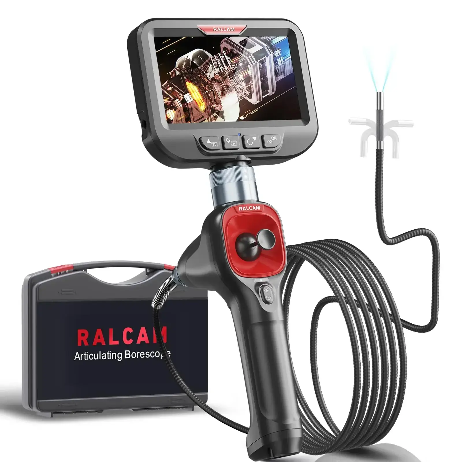 Ralcam 360° Joystick Articulating Borescope Diagnostic Tool, 6.2mm IP67 Waterproof Probe, 4-Way IPS 1080p Automotive Inspection Camera, 6 High-Visibility LEDs, 6.6 FT Semi-Rigid Snake Tube F606B-S2M