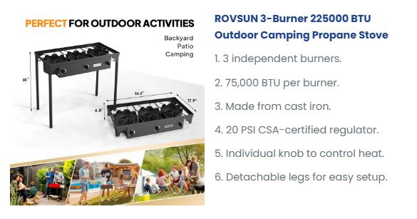 [ FLASH SALE ] ROVSUN 3-Burner 225000 BTU Outdoor Camping Propane Stove