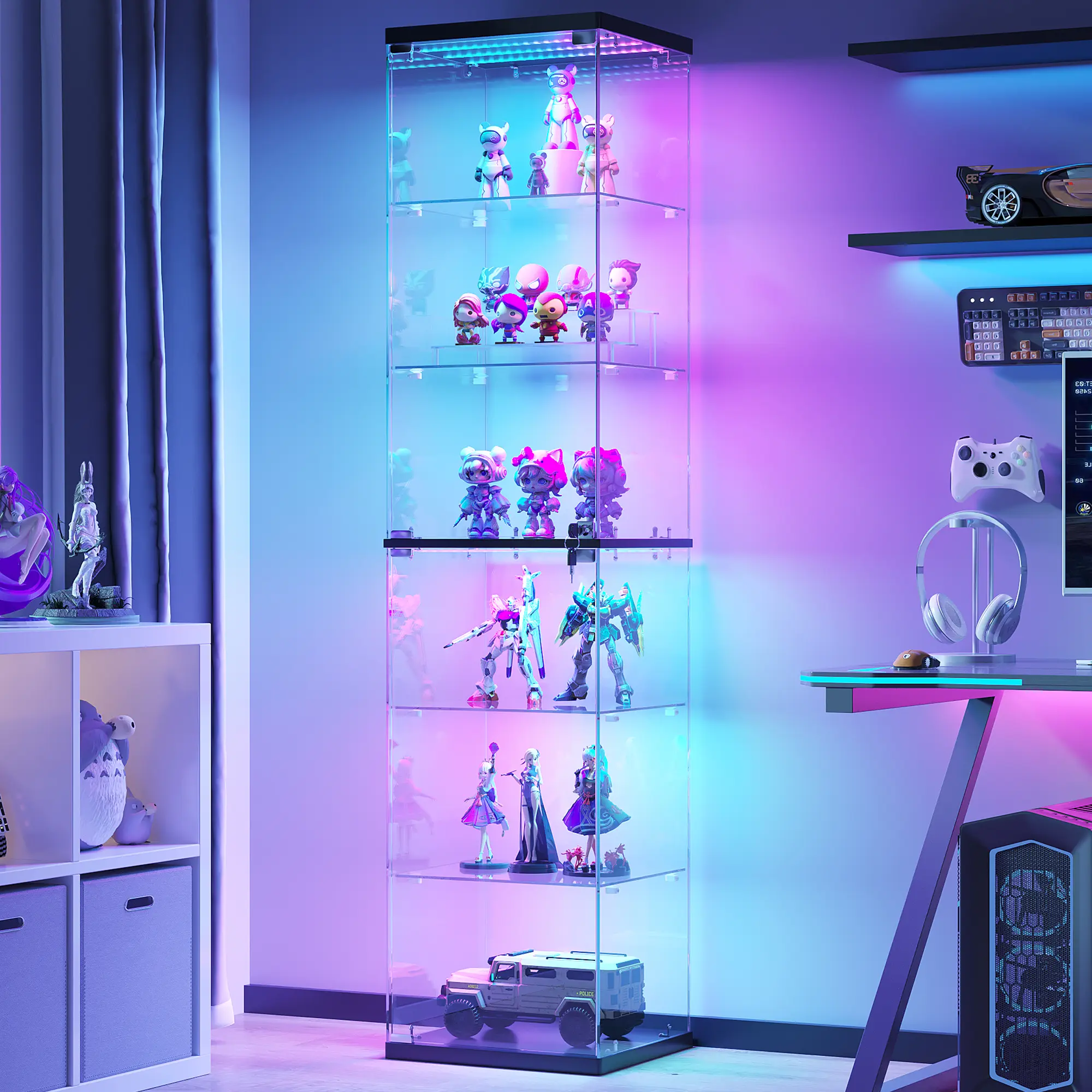 Dystler 66.9" Lockable Glass Display Curio Cabinet with RGB LED Lights, 6-Tier Clear Storage Shelves for Collectibles, Figures & Books, Assembly Required
