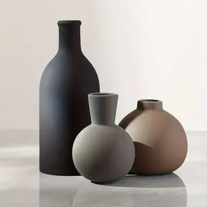 Matte Ceramic Vase Set of 3, Minimalist Neutral Earthy Tone Vases for Modern Farmhouse Home Decor, Small Bud Vases for Living Room Coffee Table Shelf