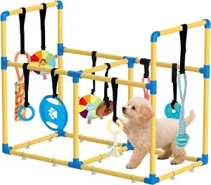 Indoor Puppy Play Gym with PVC Frame, Stretchy Velcro Rope, Snuffle Mat, and 8 Hanging Toys - Interactive Dog Boredom Enrichment Agility Equipment for Small Dogs