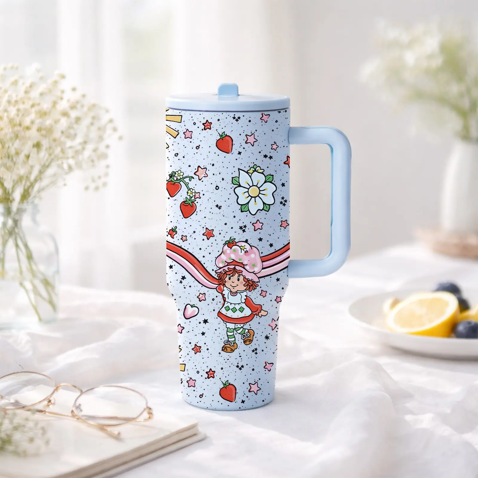1 Pc mikenda 40 Oz Stainless Steel Insulated Coffee Tumbler with Handle and Straw, Strawberry Girl Floral Star Design, Double Wall Vacuum Insulated Cup, Keeps Hot 12H/ Cold 24H, Cute Drinkware, Thermal Flask, Birthday Gift.