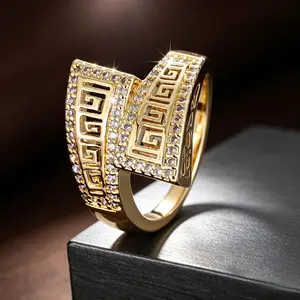 Gold Greek Key CZ Statement Ring| Geometric Wide Band| Perfect Party & Anniversary Jewelry