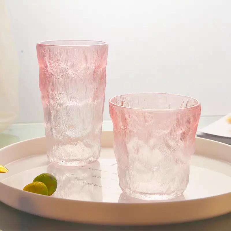 Low-saturation Cherry Pink Gradient Glacier Wrinkle Texture Irregular Transparent Glass Hand Hammered Texture Clear Soft Light Gentle Girly Style Desktop Decor Cup For Sake Fruit Juice