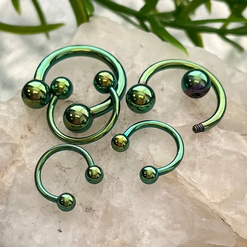 PAIR of Stunning Green Titanium Anodized Circular Barbell Horseshoe Ring - 18g thru 12g with Assorted Ball Sizes!!