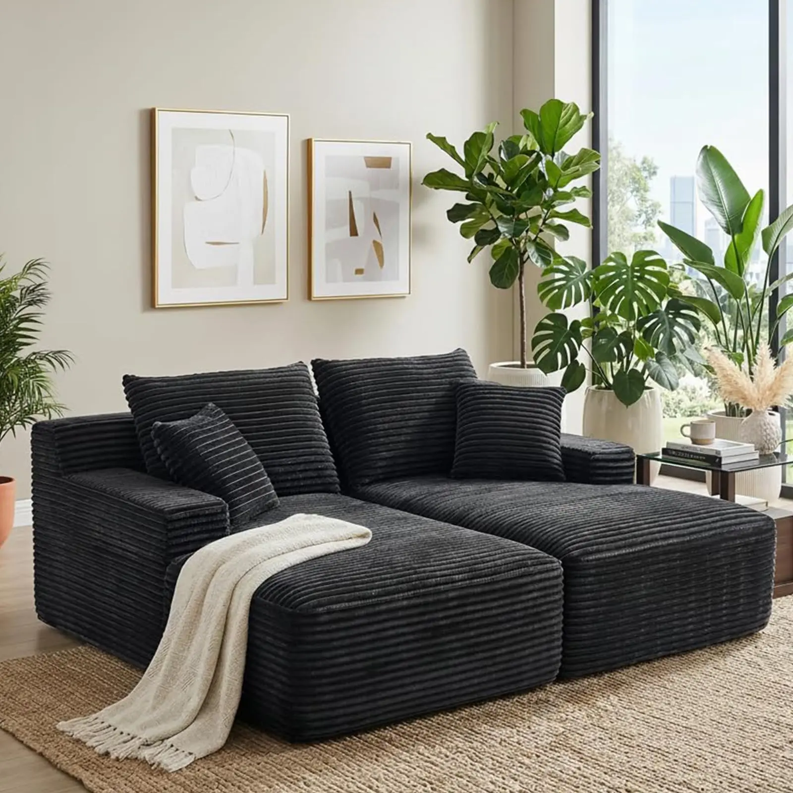 Double Chaise Lounge Indoor,Boneless Sleeper Loveseat (Black) | Oversized,Corduroy Fabric,No Assembly,40D Memory Foam,Deep Seat,Quick Rebound,for Living Room,Bedroom,Movie Night,Relaxing