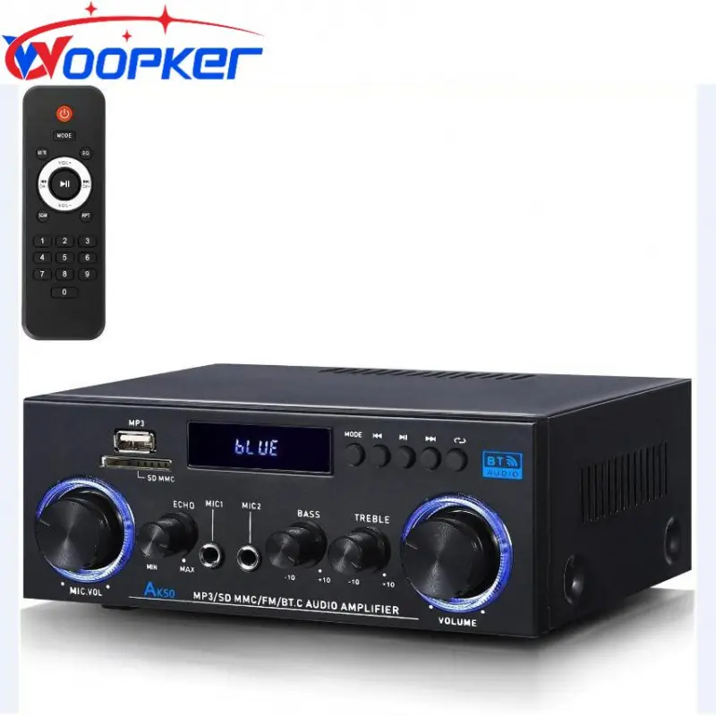 Woopker AK50 Bluetooth 5.3 HiFi Stereo Digital Home Amplifier - 2.0 Dual Channels, 400W Peak, 110V, Mic Echo Ctrl, Remote Control for Home Theater, Karaoke Party Music Streaming