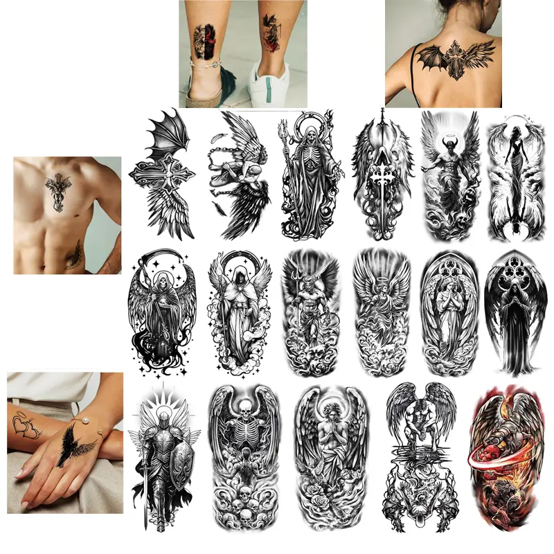 77 Sheets Angel Demon Temporary Tattoos, Gothic Celestial Fake Tattoo Stickers, Black Red White Waterproof Long Lasting Body Art Tattoos, Large & Small Exquisite Intricate Patterns for Party Cosplay Body Decor