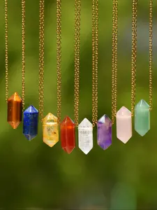 Natural Stone Crystal Pendant Necklace, Hexagonal Prism Pendant (Amethyst/Rose Quartz/Green Aventurine/Labradorite), Boho Choker Women's Jewelry Healing Crystal