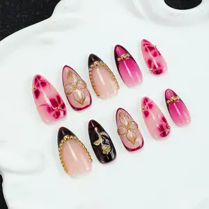 10 square handmade nail tips, Y2K， Rose red gradient, three-dimensional carving, gold beads, gold flowers, hand drawn design, nail art patches, suitable for women's nail stickers, date, daily wear shiny nails, Glitter Nails, including tool kit
