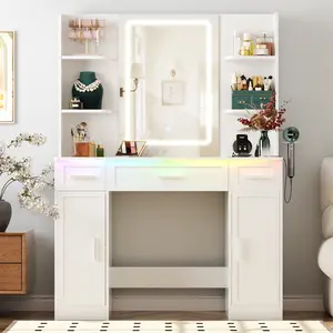 Farmhouse Makeup Vanity Desk with Wooden Drawers and LED Mirror，3 Modes，APP Contral，Modern Vanity Table with Cabinet and Adjustable Shelves
