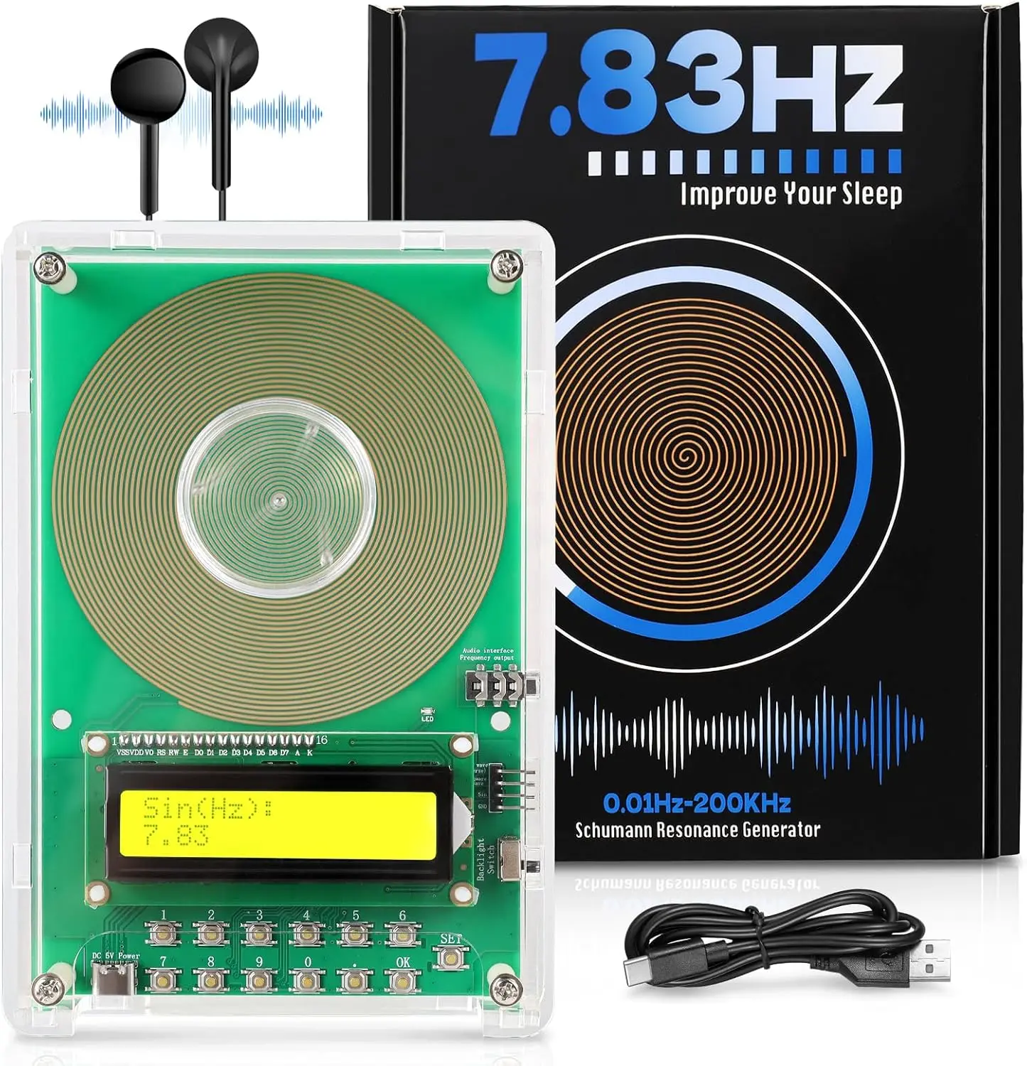 7.83Hz Frequency Generator for Healing Schumann Resonance Generator (Adjustable 0.01Hz-200kHz) for Deep Sleep, Meditation, Yoga & Stress Relief Type-C Powered LCD Display