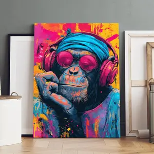 Gorilla Pattern Canvas Painting with Frame, Fashionable Hip Hop Style Gorilla Image Poster, Wall Art Decor for Home Living Room Bedroom, Ornaments, Wooden Wall Art