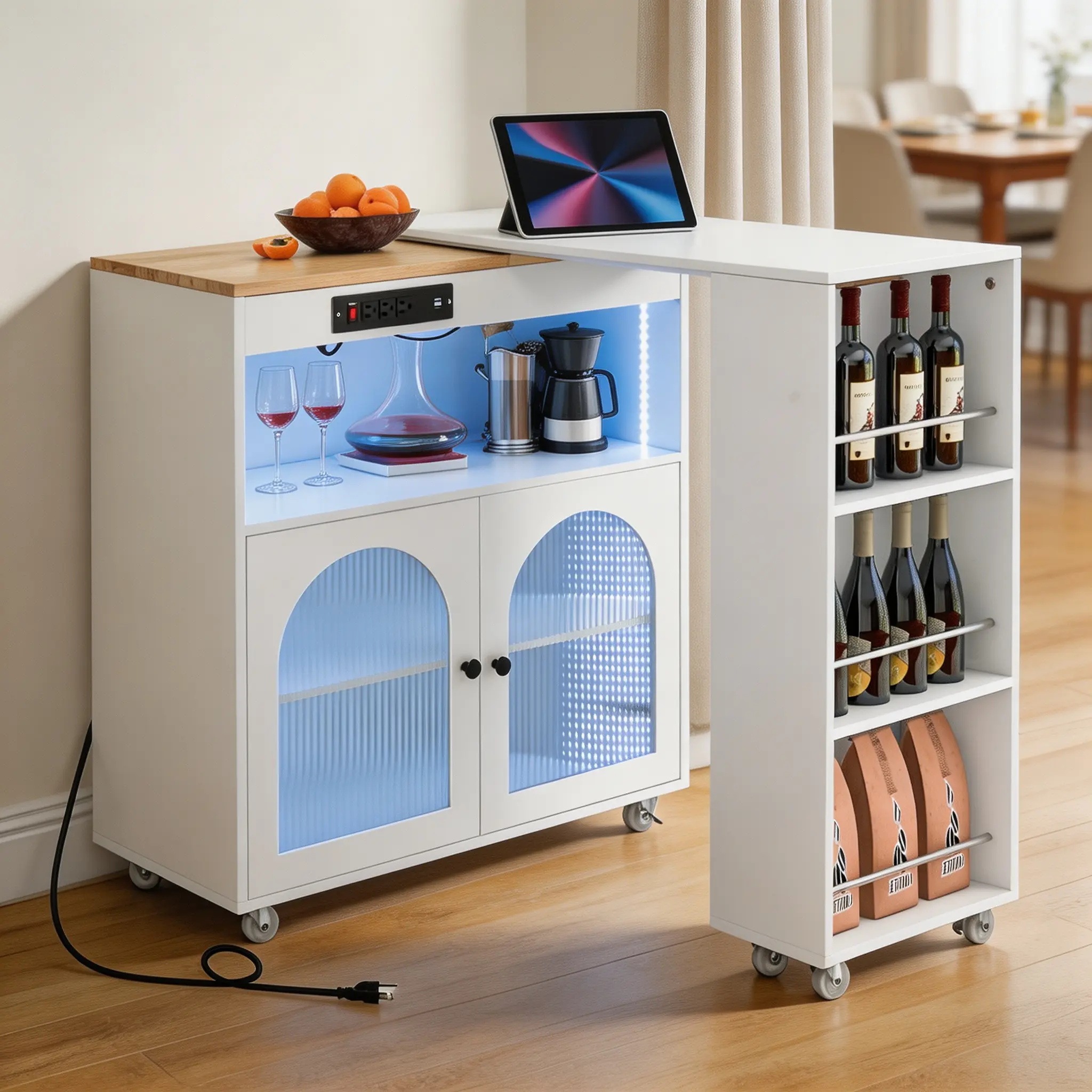 White 73.5" Rolling Kitchen Island - Expandable Table, LED Lights, Power Outlets, Fluted Glass Doors, Storage Shelves