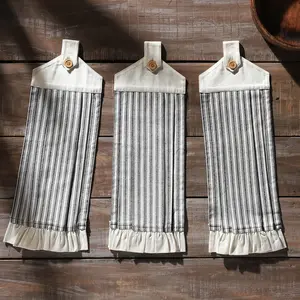 Farmstead Black Ticking Stripe Button Loop Tea Towel Set of 3