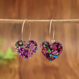 Glitter Resin Heart-Shaped Dangle Earrings - New Pair, Whimsical, Bling Bling, Brightly Colored, Colorful Charm Statement Earrings for Valentine's Day Gifts, Whimsical Earrings