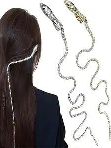 Niceneeded 2 Pcs Rhinestone Snake Hair Chain, Punk Crystal Tassel Hair Clip Chain, 50.8cm Long Rhinestone Decorative Hair Accessory for Women Halloween