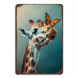 Vintage Giraffe And Butterfly Metal Wall Art, 8X12 Inches, Cartoon Animal Themed Home Decoration, Suitable for Homes, Kitchens, Cafes, Bars, Garages - Durable Iron Hanging Signs Ornaments Hangable Multicolor Vintage Beer