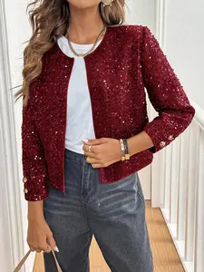 Women's Sparkle Contrast Sequin Round Neck Short Cardigan Jacket, Elegant Light Luxury Style, Perfect for Daily, Casual Dates