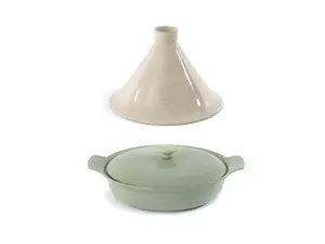 BergHOFF Ron 3Pc Tajine Set, Green Cast Iron Covered Deep Skillet & White Stone Tajine Cover
