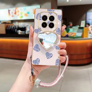 Honor GT Pro Fashion Series Diamond Strap Lanyard Mirror Phone Holder Case For Compatible With Huawei Honor Gt Pro Plating Cover and Shockproof Blue Line Graffiti Love Protector Cases