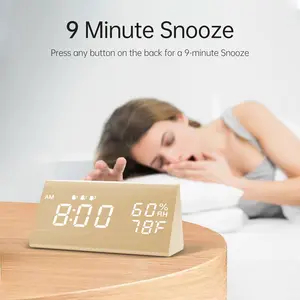 Wooden Digital Alarm Clock with LED Display, 3 Alarm Settings, Temperature & Humidity Monitor, Compact Wood Clock for Bedroom & Bedside