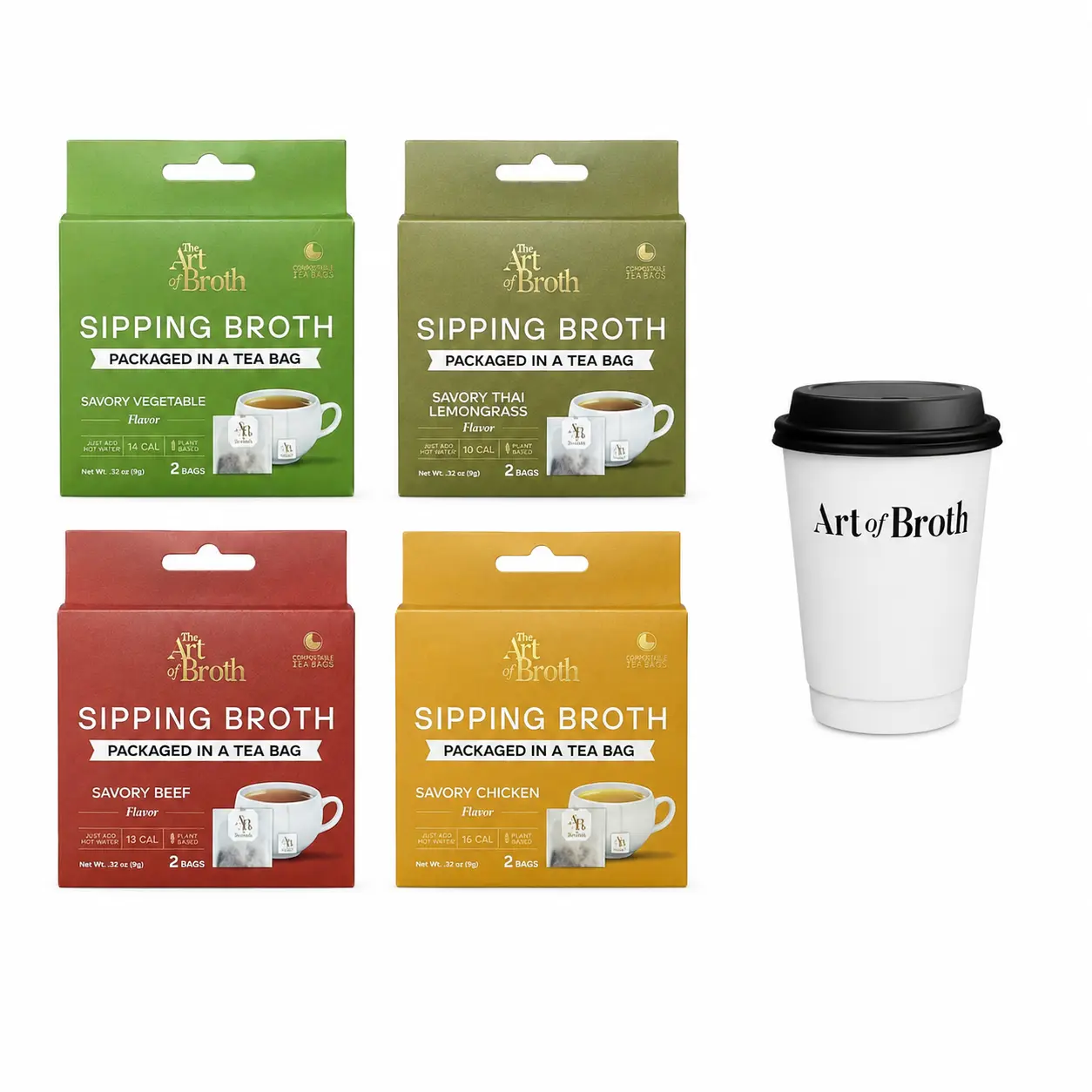 The Art of Broth, Broth Sampler Pack, Variety Pack Sipping Broth, 4 Flavors 8 Bags, Plant-Based Vegan Broth Bags, Low Calorie Hot Water Broth Drink, Chicken Beef Vegetable Thai Lemongrass, Gluten-Free Kosher Non-GMO, Woman Owned Sustainable Broth