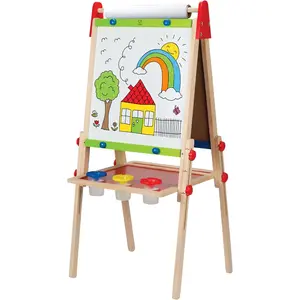 Hape Magnetic All-in-1 Wooden Artist Easel for Kids - Height Adjustable (37.5-43.5 inches/95-110.5 cm), Magnetic Whiteboard, Dry-Erase & Chalkboard, 3 Paint Pots, Refillable Paper Roll, Drip Tray