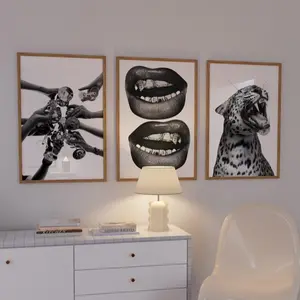 Trendy Black and White Set of 3 Poster Cheers Glasses, Cheetah, and Lips Cute Unique Luxury Dorm Wall Art