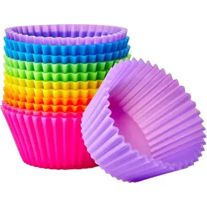 12-Pack Reusable Silicone Baking Cups - Non-Stick Rainbow Cupcake & Muffin Liners, BPA-Free Oven/Microwave Safe Bakeware Set