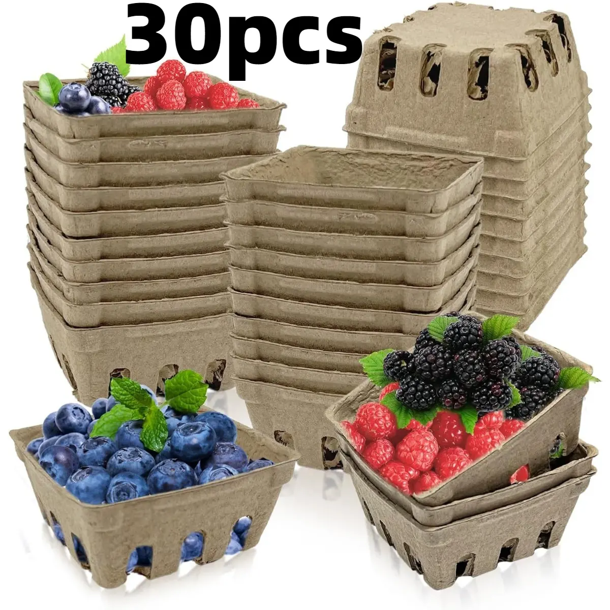 30 Pack Natural Pulp Fiber Berry Basket, Molded Berry Basket Produce Vented Container for Strawberry Blueberry Raspberry Fruit and Vegetable, Farmer Market, Grocery Stores, Backyard Party
