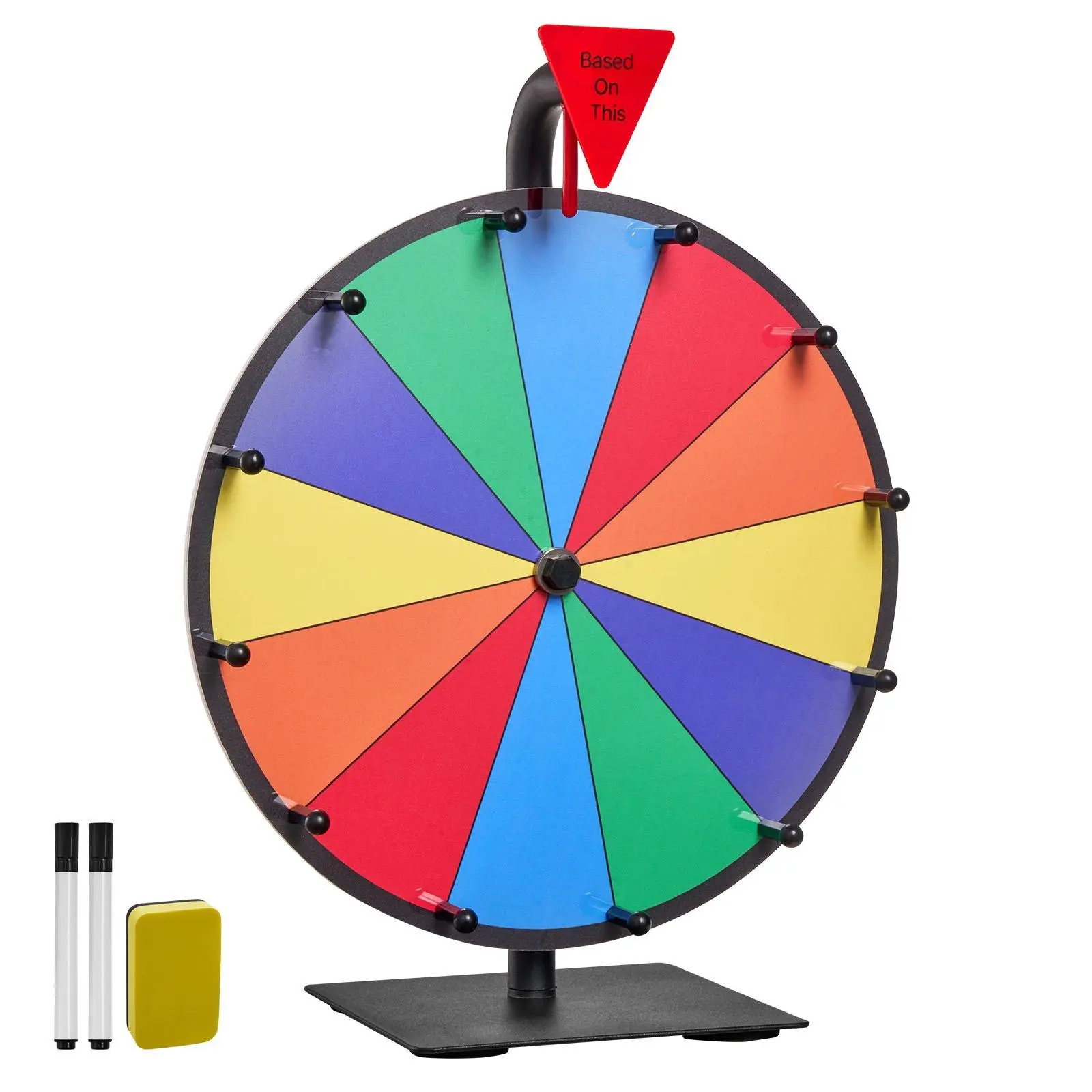 12 Inch Tabletop Spinning Prize Wheel with Stand, 12 Editable Slots Dry Erase Fortune Roulette Wheel, 6 Vibrant Color Game Wheel Includes 2 Markers, Smooth Spin Design, Easy Assembly for Party, Pub, Trade Show and Carnival Events