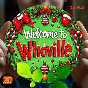 Welcome to Whoville Theme Round Iron Sign, 20x20cm Christmas Decoration with Gingerbread House & Candy Canes, Perfect Gift for Home & Restaurant