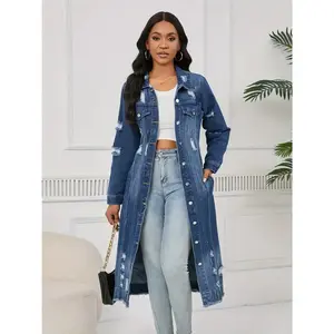 Women's plus size light blue ripped denim jacket - oversized trench coat