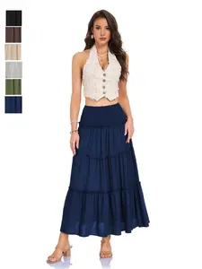 Multicolor Design Waist Tie Three-Section Wood Ear Band Lining Wrinkle Long Skirt, Casual Daily Wear, Commute, Travel, Versatile Half-Length Dress