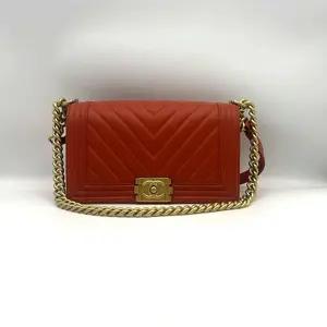 Pre-owned CHANEL hz8 Le Boy Chevron (V quilted, orange calfskin, gold hardware) 61913
