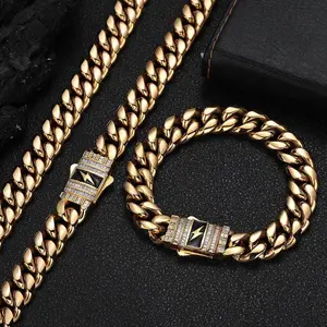 [ICE HUE]2pcs Set 18K Gold Vacuum Plated Copper with 5A+ Sri Lanka Zircon Spring Buckle 12mm Necklace & Bracelet Miami Italy Mexico & Micro Inspired for Women & Men Luxury Jewelry,Daily Wear,Casual Gift Hip Hop,TikTokShopBlackFriday