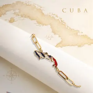 10K Manilla Bracelet with Pieper and Cuba Map, Fashion Costume Jewelry Accessory