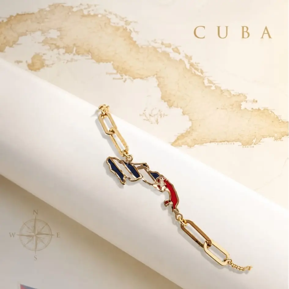 10K Manilla Bracelet with Pieper and Cuba Map, Fashion Costume Jewelry Accessory