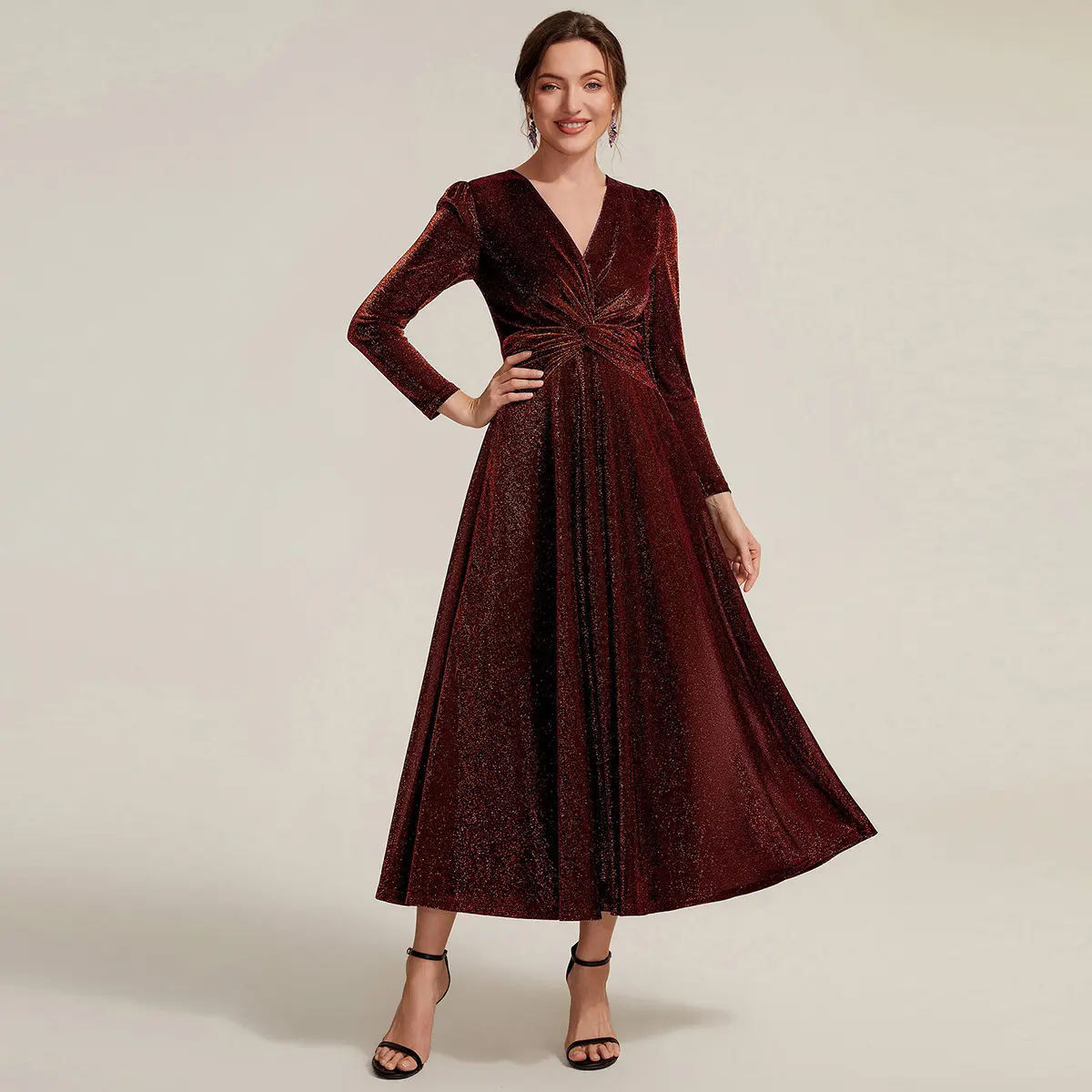 Ever-Pretty 2026 New Trend Metallic Gold Knit Glitter Dress – Knot Detail, Long Sleeves & Flattering Fit – Perfect for Evening Gala & Holiday Party EG02827