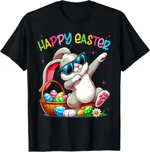 Funny Dabbing Bunny Easter Happy Easter for Boys Girls Adult T-Shirt Pure Cotton Graphic Tees Menswear Top: Gifts for Men & Women