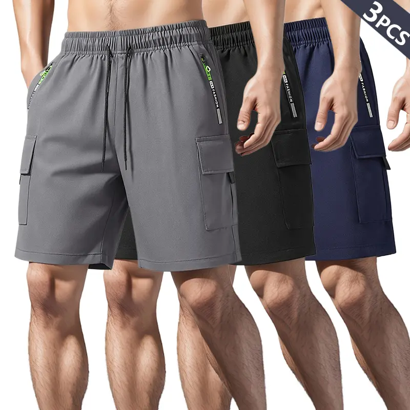 Men’s summer drawstring elastic-waist athletic pants with zippered pockets; outdoor casual straight-leg cargo shorts for spring and autumn; street-style solid-color multi-pocket joggers; casual, fashionable, and comfortable—ideal for summer gym workouts a