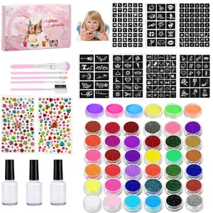 Glitter Temporary Tattoo Kit, 24 Color Glitter Tattoo Pigment with 2 Glue, 3 Template Paper & Brush, Body Art Makeup Kit for Stage Performance, Party, Cosmetic